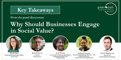 image highlighting key takeaways from the panel discussion: Why should businesses engage in social value? The image also has headshots of the speakers from the discussion at this Green Park, Global Talent Conference Event.